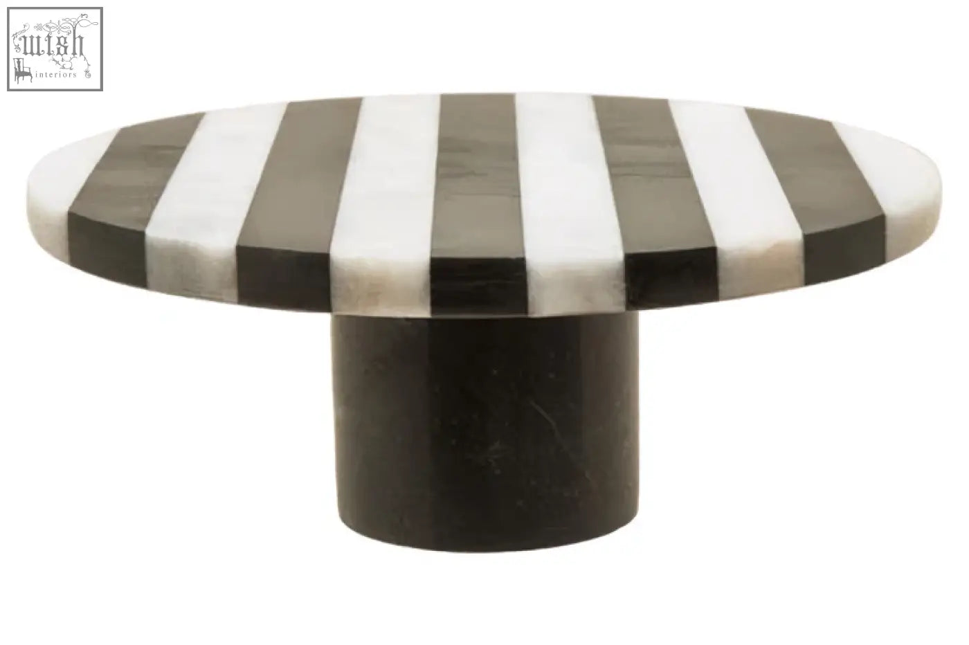 Black and white striped marble round cake stand with a cylindrical black base perfect for marble round cake display