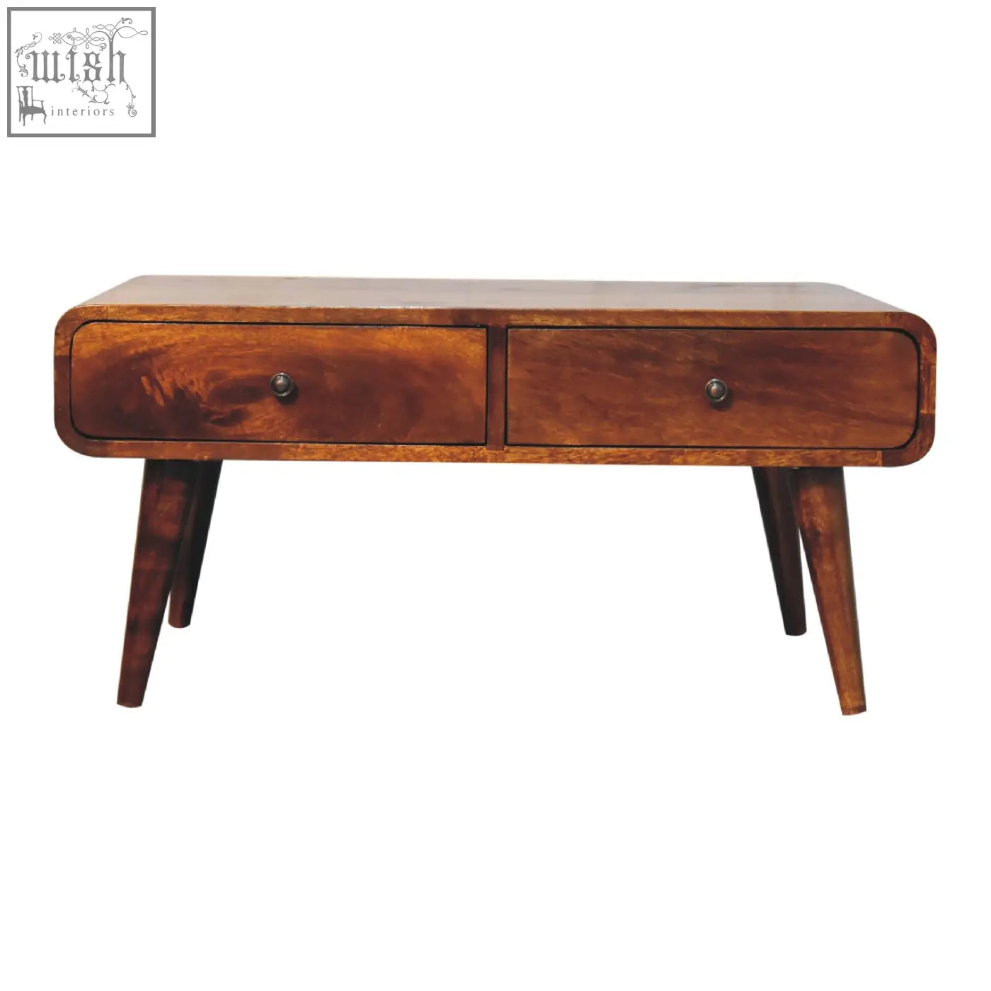 A mid-century modern sonata chestnut coffee table with warm brown wood finish and two drawers with dark metal knobs