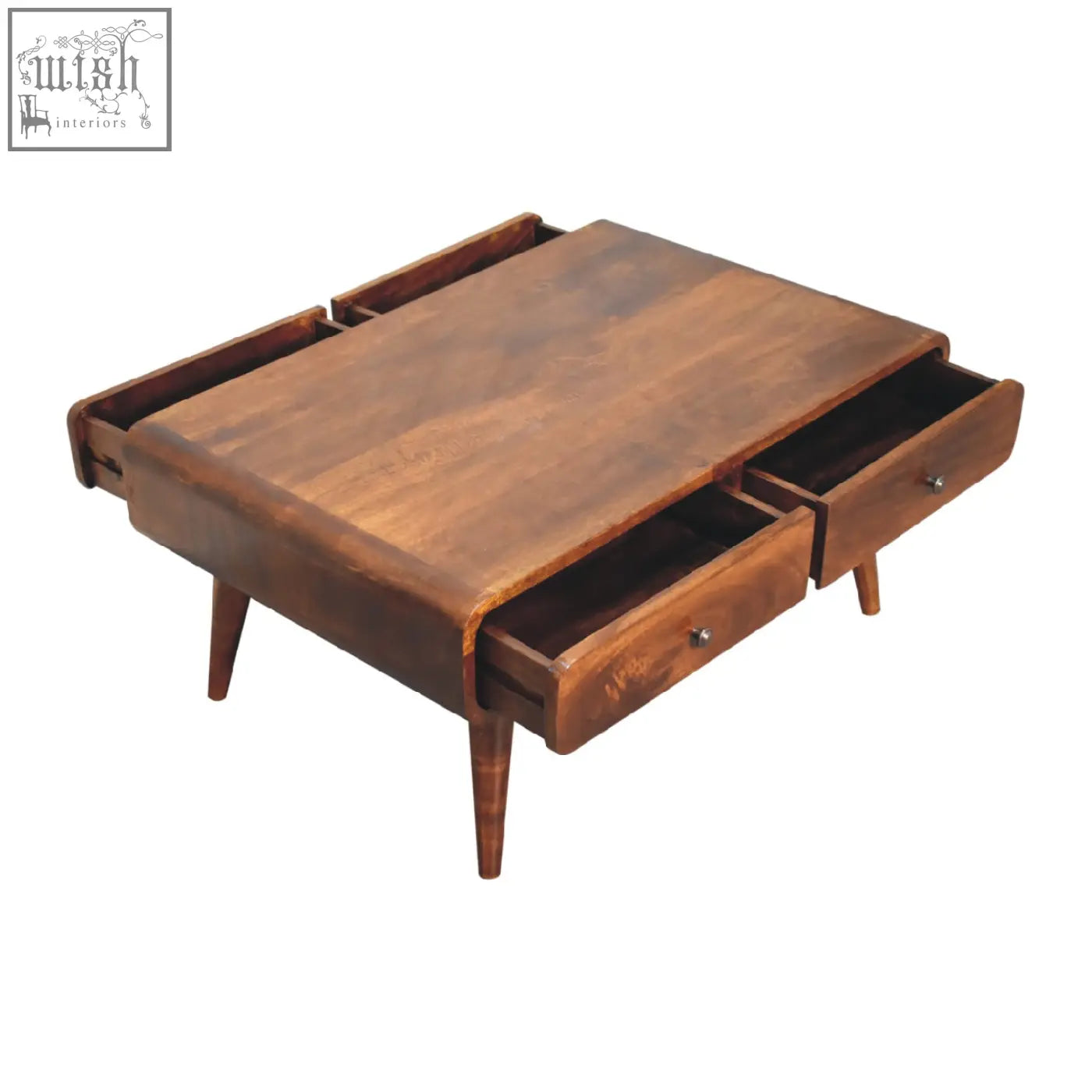 A mid-century modern sonata chestnut coffee table with rich brown wood finish, three drawers, and tapered legs
