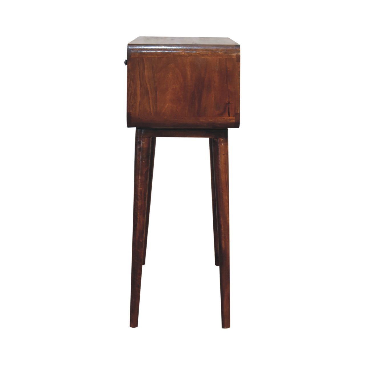 Dark brown wooden sonata chestnut console table with rectangular top and tapered legs perfect for entryway use