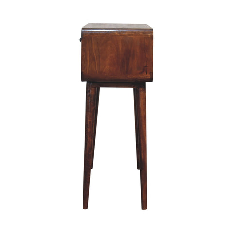 Dark brown wooden sonata chestnut console table with rectangular top and tapered legs perfect for entryway use