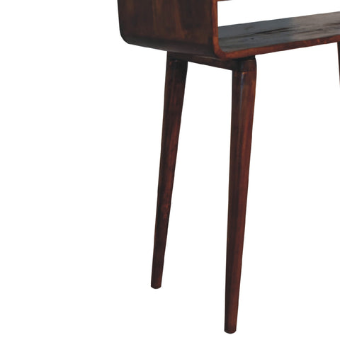 Dark brown wooden sonata chestnut console table with sleek tapered legs and smooth polished finish