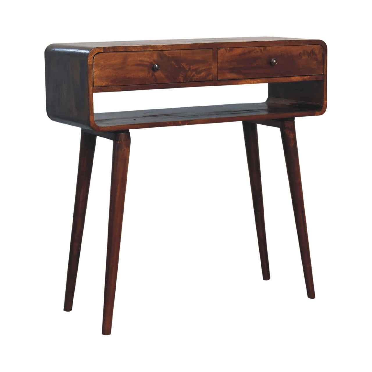 Dark wood sonata chestnut console table with two drawers and tapered legs perfect for entryway storage