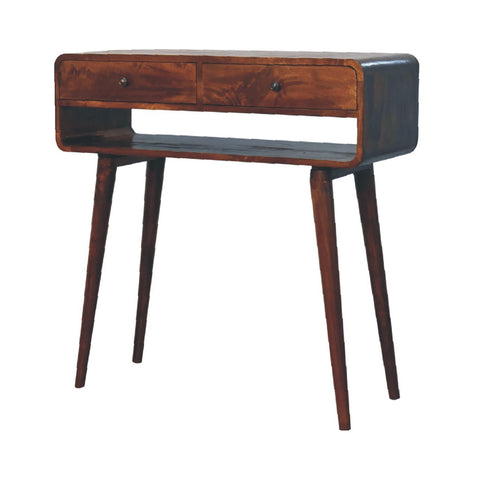 Mid-century modern wooden sonata chestnut console table with two drawers and tapered legs for stylish storage