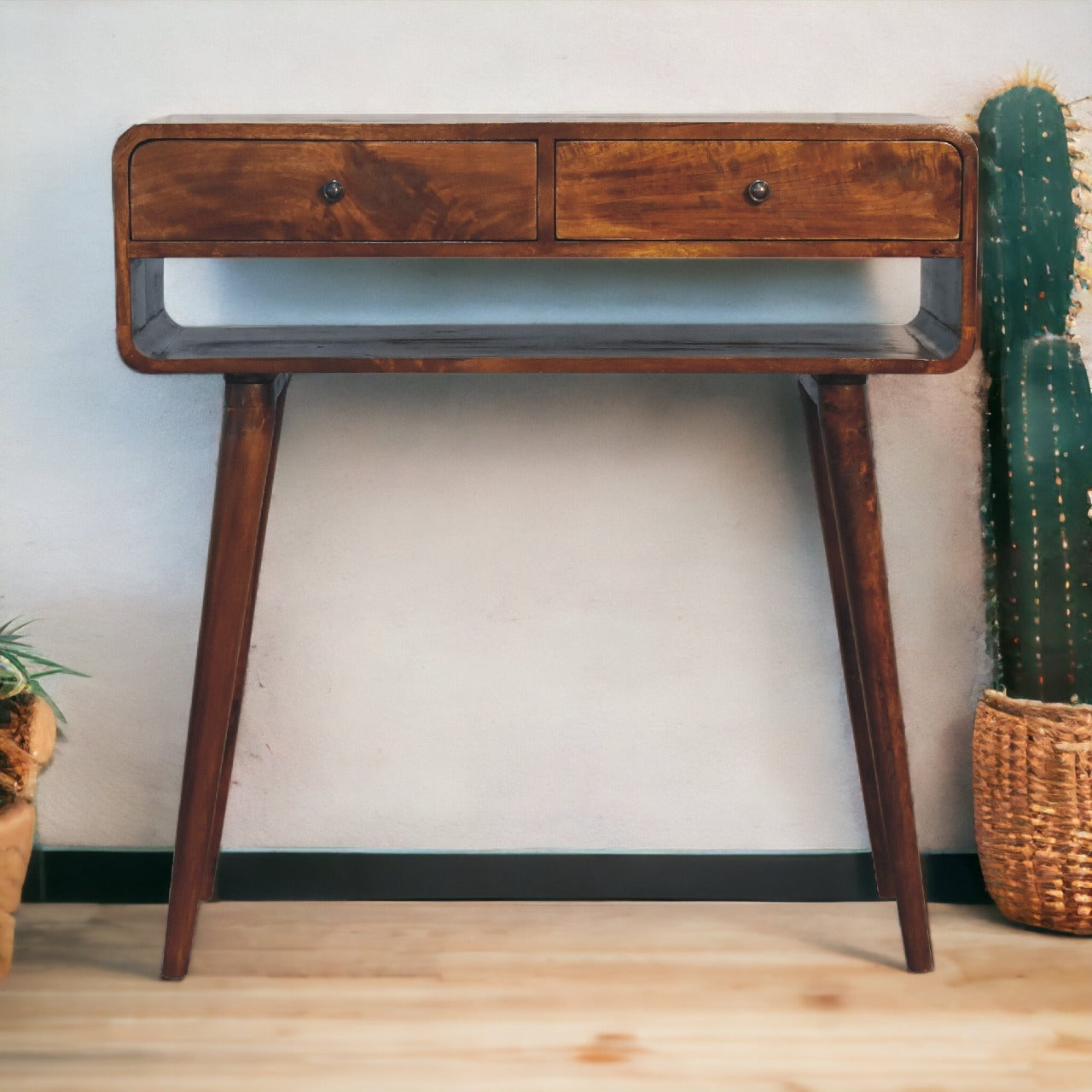 A sleek dark brown wooden console table with two drawers and tapered legs called sonata chestnut console table