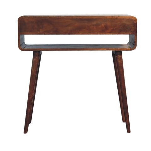 A sleek dark brown wooden sonata chestnut console table with minimalist design and tapered legs