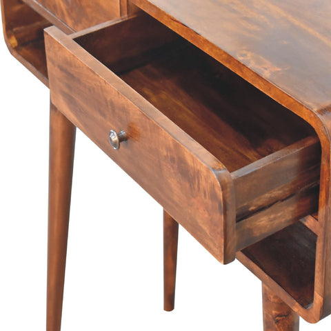 A warm brown wooden sonata chestnut console table with a single drawer and slender legs