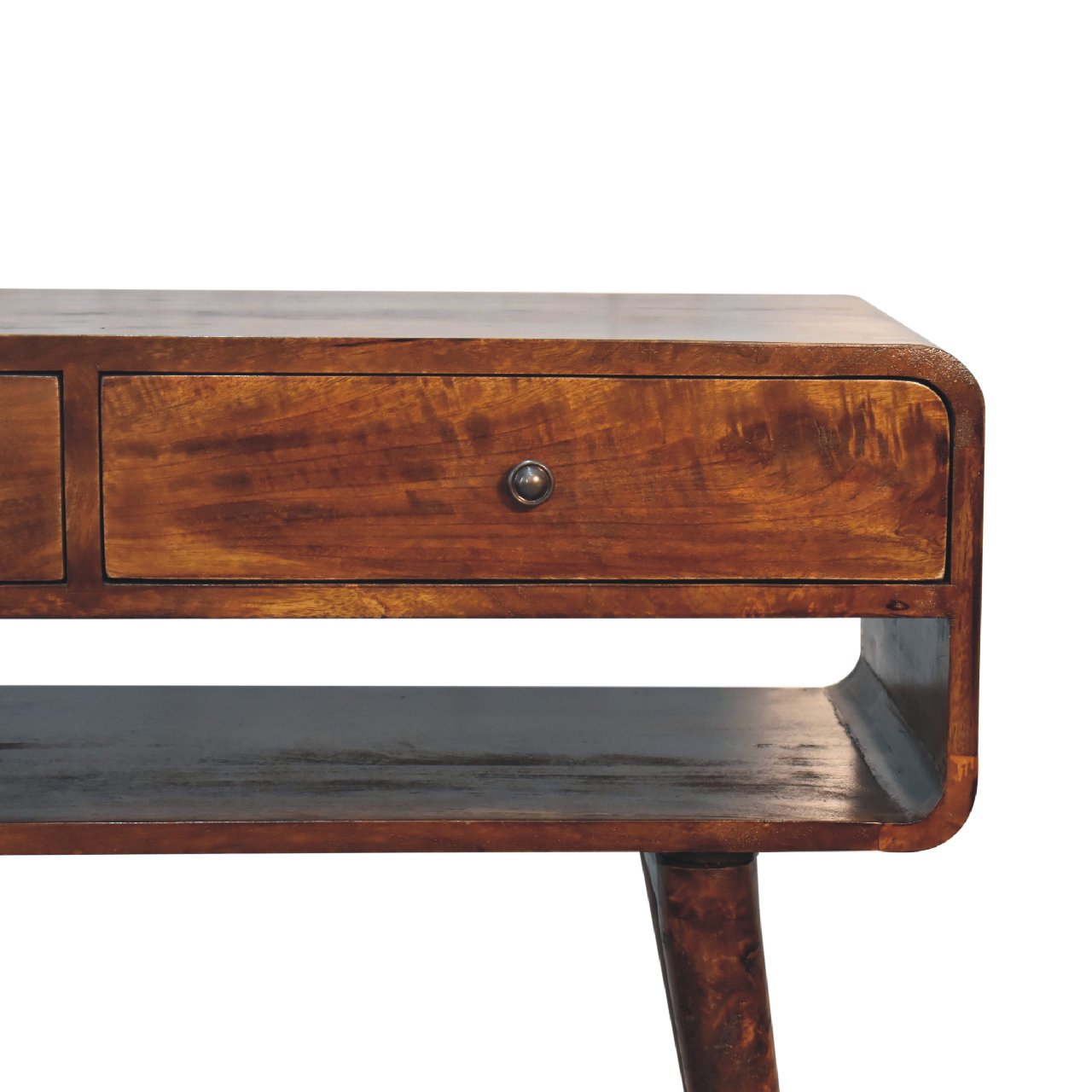 Sonata chestnut console table in warm medium brown wood with single drawer and round metallic knob in modern design