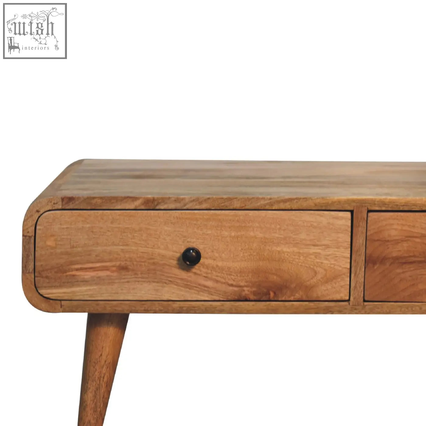 Light brown sonata oak-ish coffee table with oak-like finish tapered legs single drawer and rounded edges