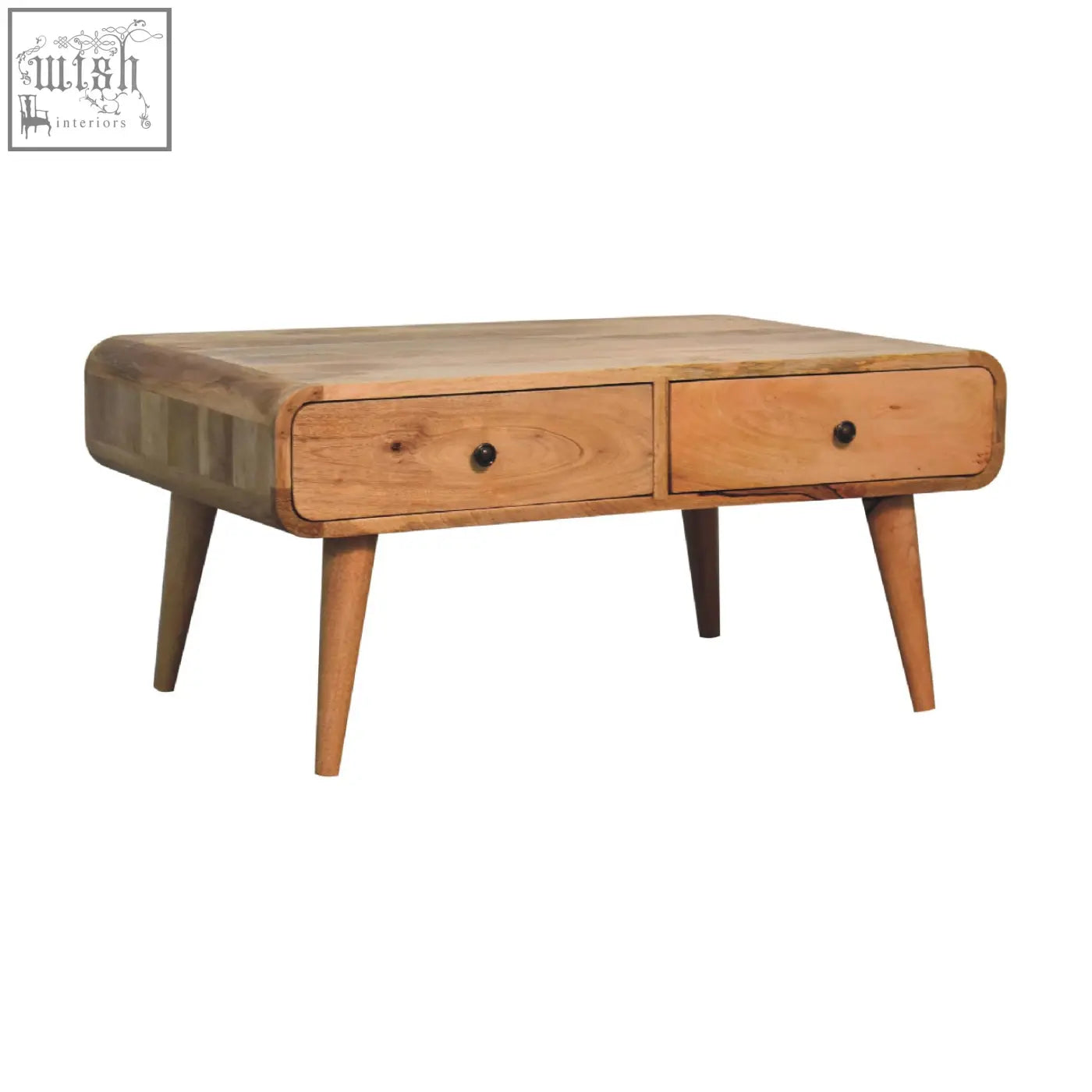 Light wood sonata oak-ish coffee table with oak-like finish tapered legs two drawers and rounded edges