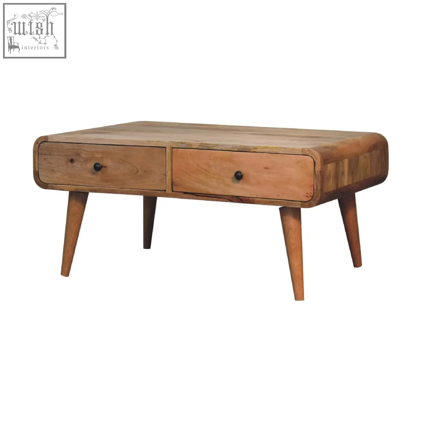 A mid-century modern coffee table with an oak-like finish light brown top and rounded edges with two drawers and black knobs