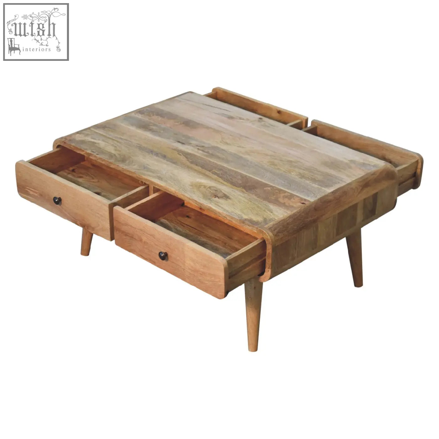 Rustic sonata oak-ish coffee table with oak-like finish, rounded edges, three drawers, and tapered legs