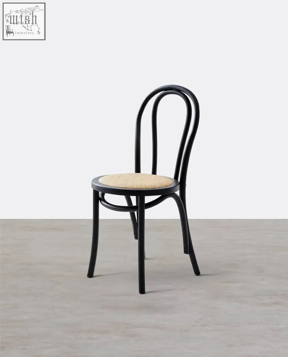Black solid wood sonnet dining chair with bentwood frame and woven natural fiber seat perfect for dining use