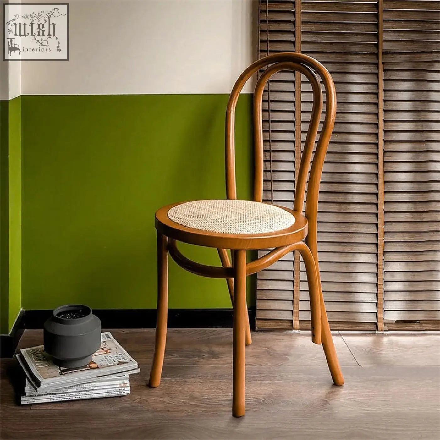 Sonnet dining chair solid wood with light brown bentwood frame and woven natural fiber seat for dining use