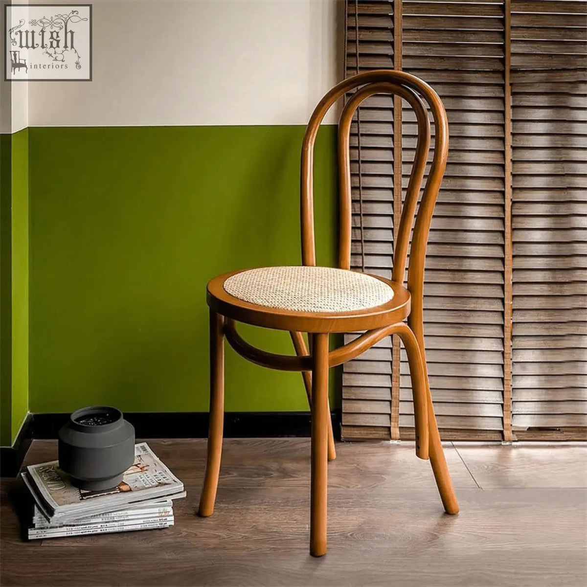 Sonnet dining chair solid wood with light brown bentwood frame and woven natural fiber seat for dining use