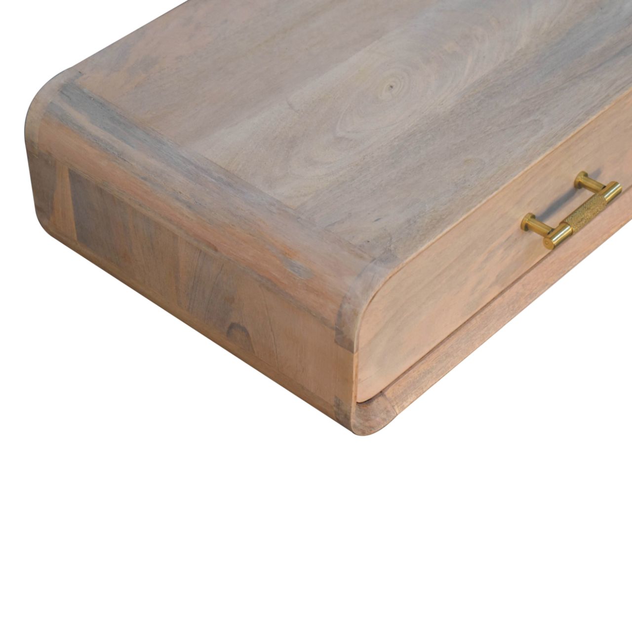 A light-colored rustic wooden wall mounted bedside table with smooth finish and gold-toned metal handle