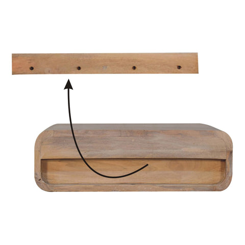Light-colored wooden bread box with matching hanging rack on wall mounted sonoma t-bar bedside table setup