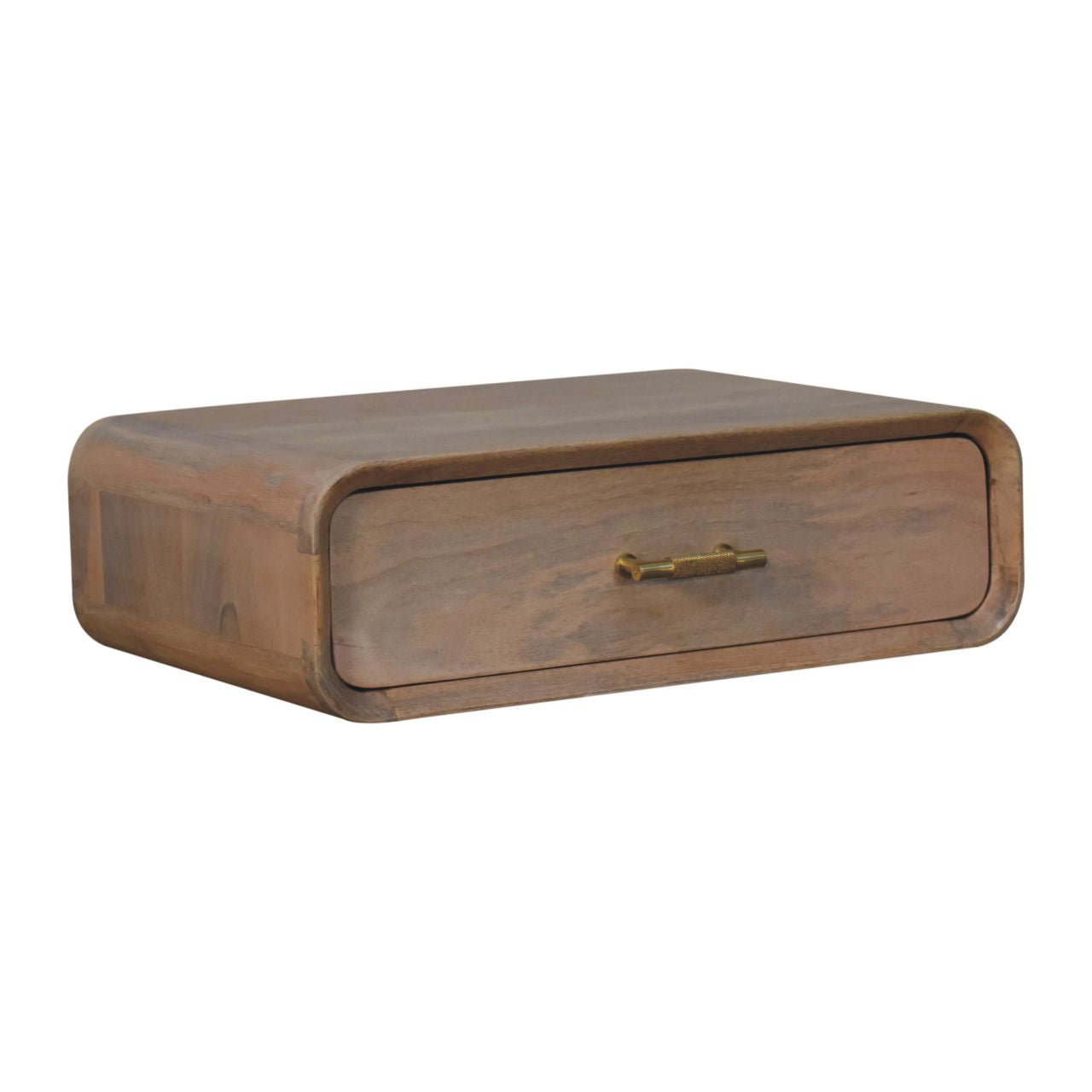 A sleek light brown wooden sonoma t-bar wall mounted bedside table with a single drawer and brass handle