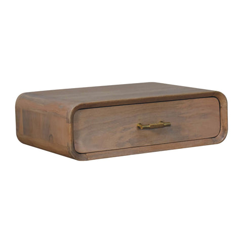 A sleek light brown wooden sonoma t-bar wall mounted bedside table with a single drawer and brass handle