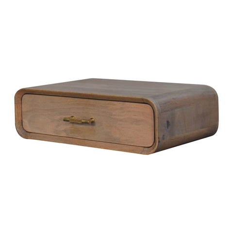 A sleek light brown wooden wall mounted Sonoma T-bar bedside table with a single drawer and brass handle
