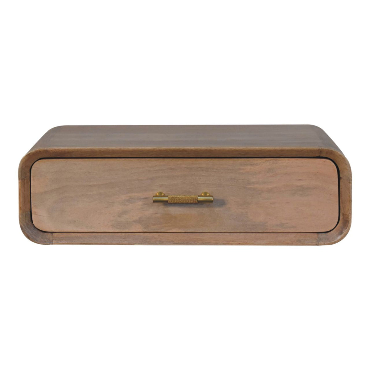 A sleek light brown wooden sonoma t-bar wall mounted bedside table with a rounded drawer and brass handle