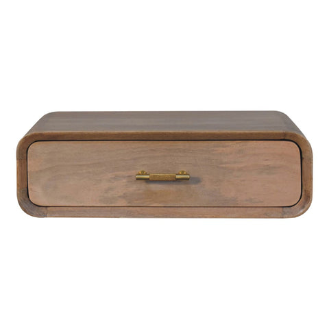 A sleek light brown wooden sonoma t-bar wall mounted bedside table with a rounded drawer and brass handle