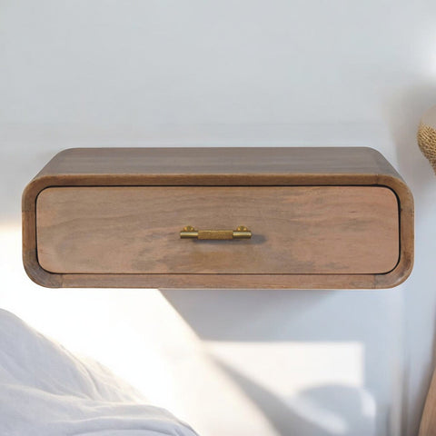 Sonoma t-bar wall mounted bedside table floating wooden nightstand with single drawer and polished brass handle