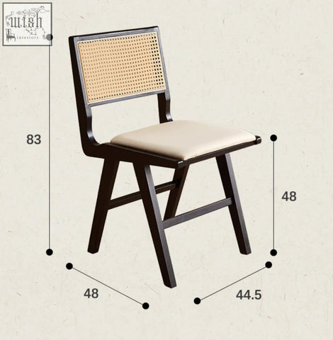 Dark wood sophia rattan dining chair with woven cane back and beige upholstered seat perfect as a dining chair