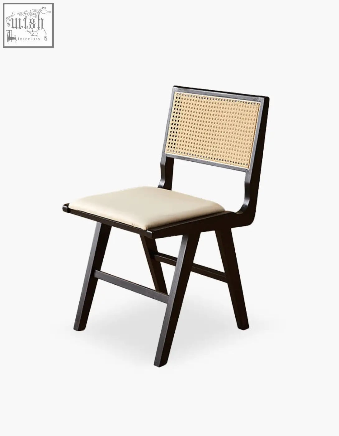Dark wood sophia rattan dining chair with woven cane back and beige upholstered seat for stylish dining room