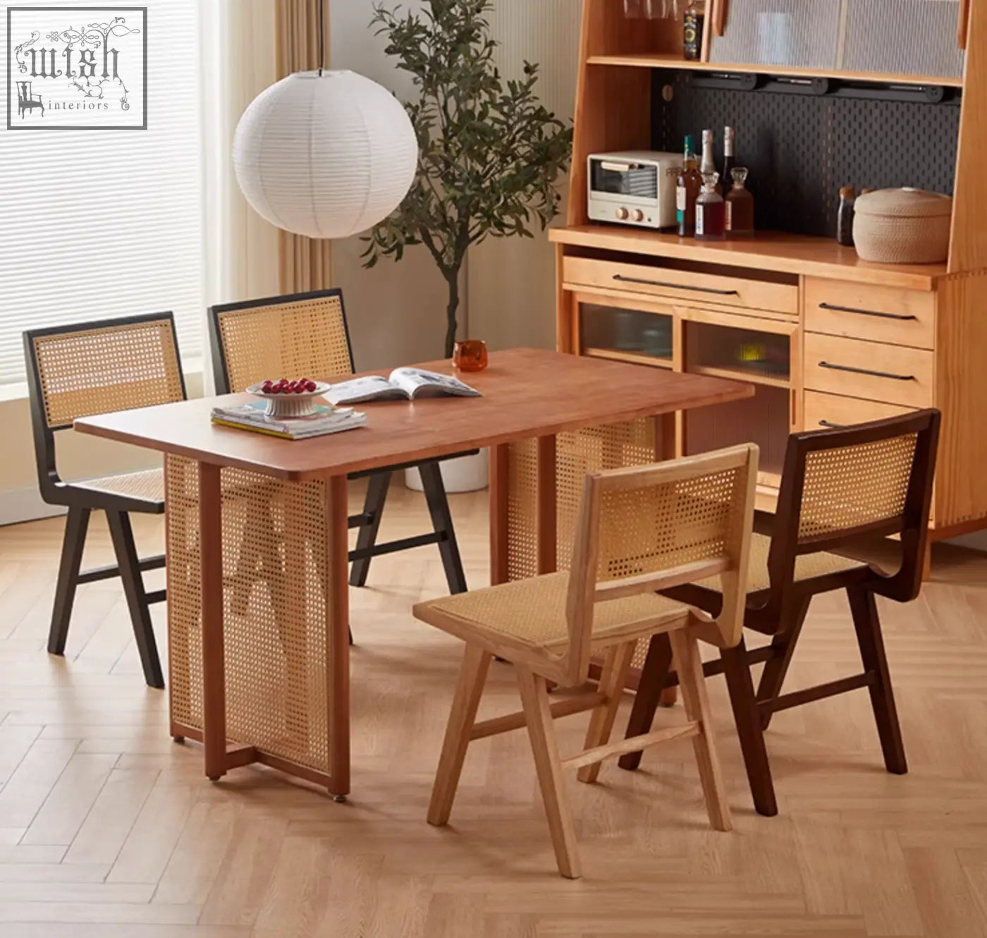 Light brown sophia rattan dining chair with cane weave sides and black metal legs for stylish dining spaces