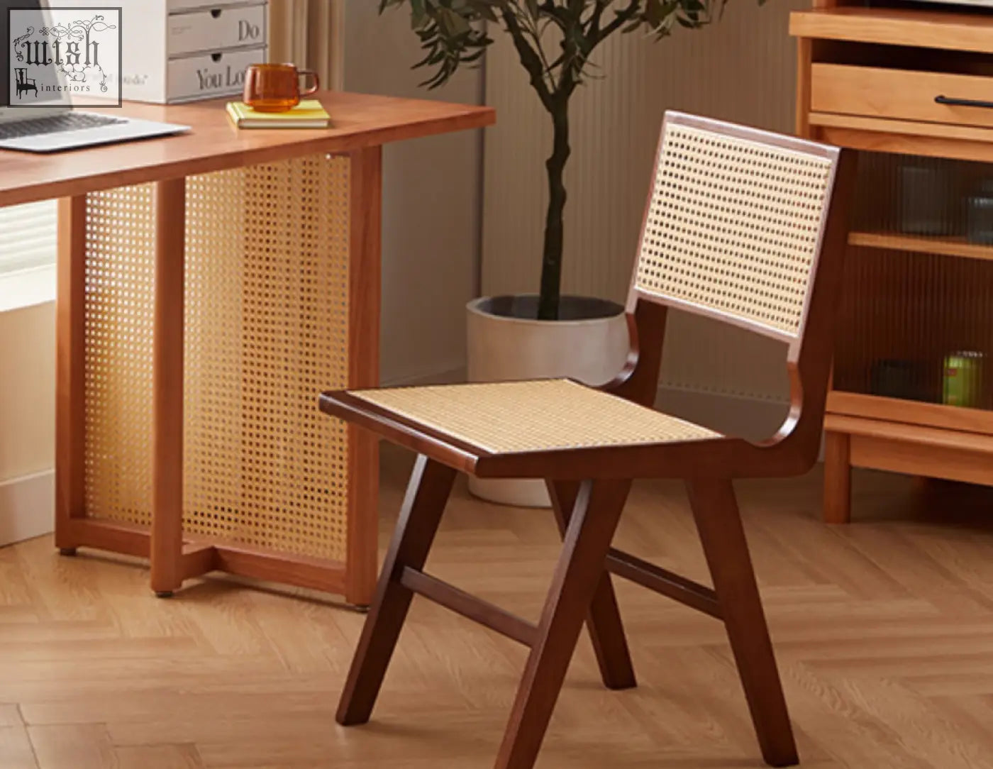 Sophia rattan dining chair with sleek wooden frame, dark brown legs, and woven light beige cane seat and back