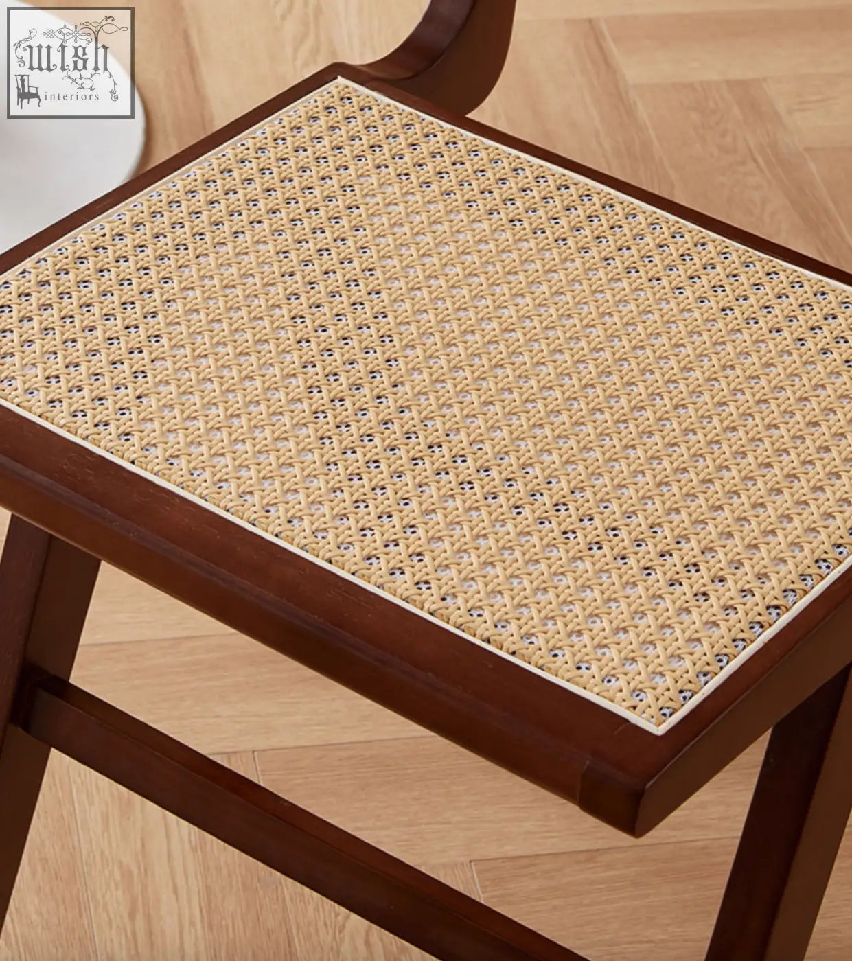 Sophia rattan dining chair with beige woven cane seat and dark wood frame perfect for dining room use