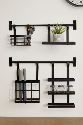 Black metal wall-mounted kitchen organizer with wire mesh baskets and shelves sorello matt black three level rack