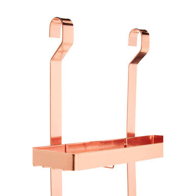 Copper-colored metal shower caddy with two curved hooks and rectangular tray in sorello rose gold three level hanging rack