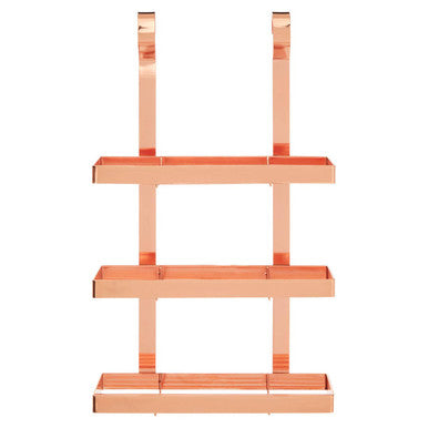 Copper colored sorello rose gold three tier metal shelf unit with vertical supports for hanging storage