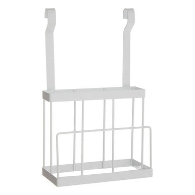 White iron hanging magazine rack with two curved hooks designed like sorello white iron hanging knife storage rack