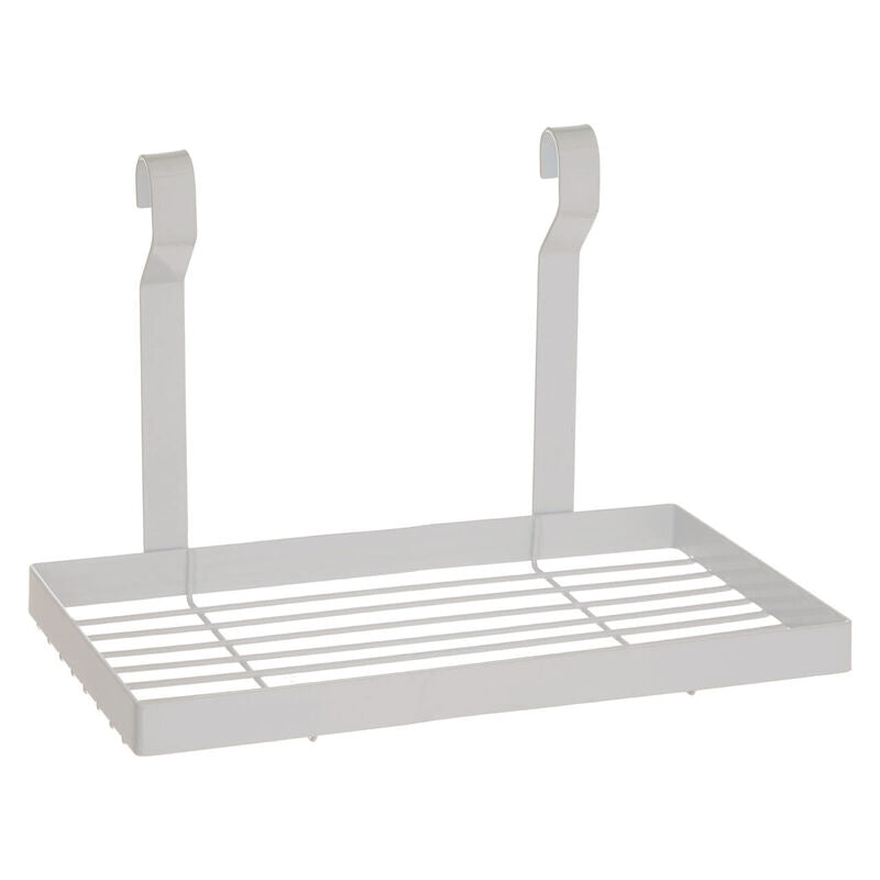 White iron single sorello shelf rack with curved hooks and slatted surface for easy over the door storage