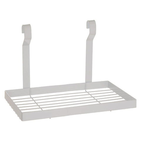 White iron single sorello shelf rack with curved hooks and slatted surface for easy over the door storage