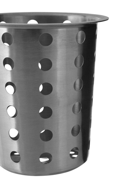 Soren brushed stainless steel utensil holder with evenly spaced circular perforations for cutlery storage