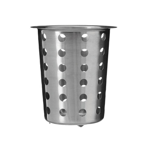 Soren brushed stainless steel utensil holder with evenly spaced circular holes and a flat rim for cutlery storage