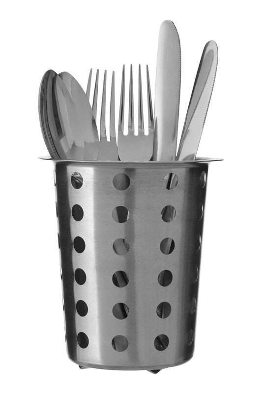Soren brushed stainless steel cutlery caddy with perforated design and rounded rim holding various utensils