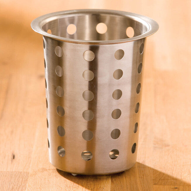 Soren brushed stainless steel cutlery caddy with evenly spaced circular holes in brushed stainless finish