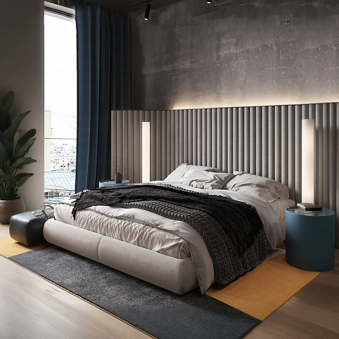 Modern soren king size bed with sleek light gray upholstered fabric and vertical slat headboard king size bed