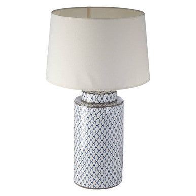 Sorino ceramic table lamp with a white cylindrical base featuring black geometric pattern and cream shade
