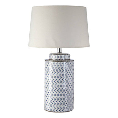 Sorino ceramic table lamp with white base featuring geometric black pattern and matching cream shade on top