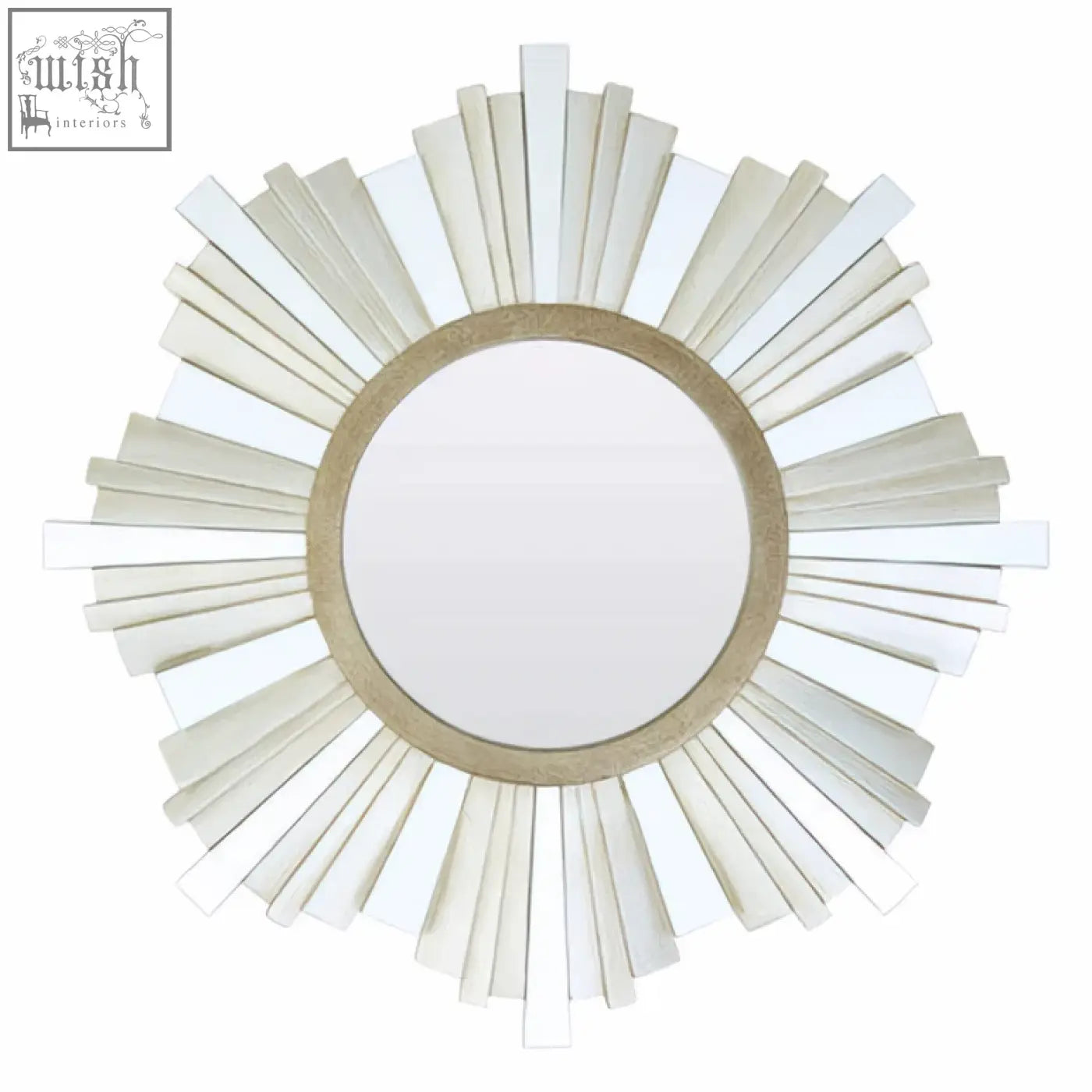 Sorrel wall mirror with a sunburst design featuring white glass panels and a light beige wooden frame