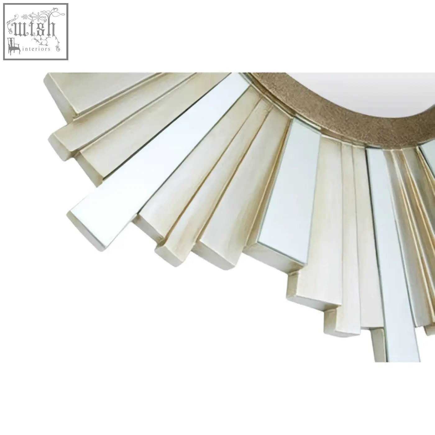 Sorrel wall mirror sunburst style with gold tone frame and cream mirrored slats for contemporary glamour decor