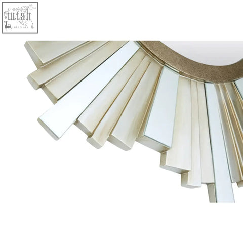Sorrel wall mirror sunburst style with gold tone frame and cream mirrored slats for contemporary glamour decor