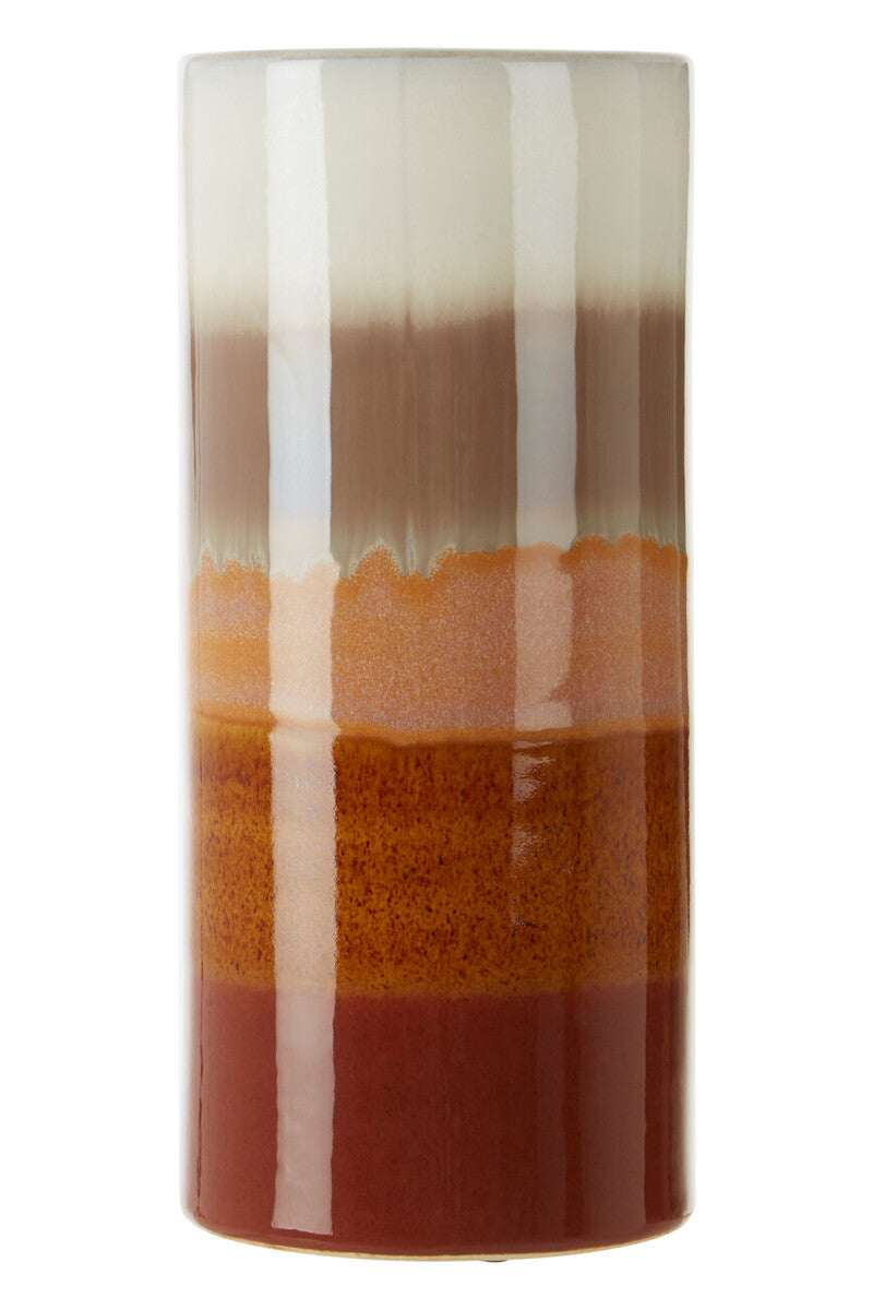 A sorrell small multicoloured ceramic vase with glossy finish and horizontal bands from white to reddish brown
