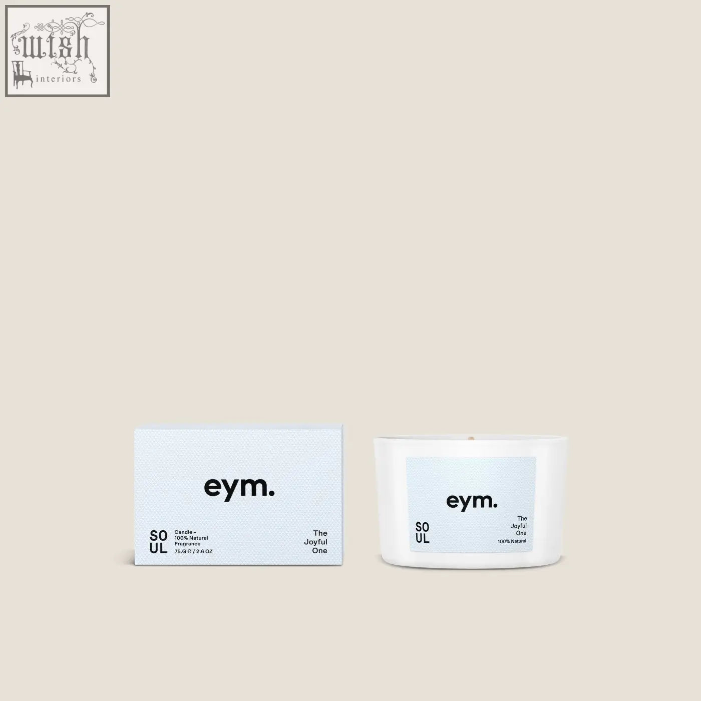 White ceramic soul mini candle with light blue label and eym branding shown next to matching box